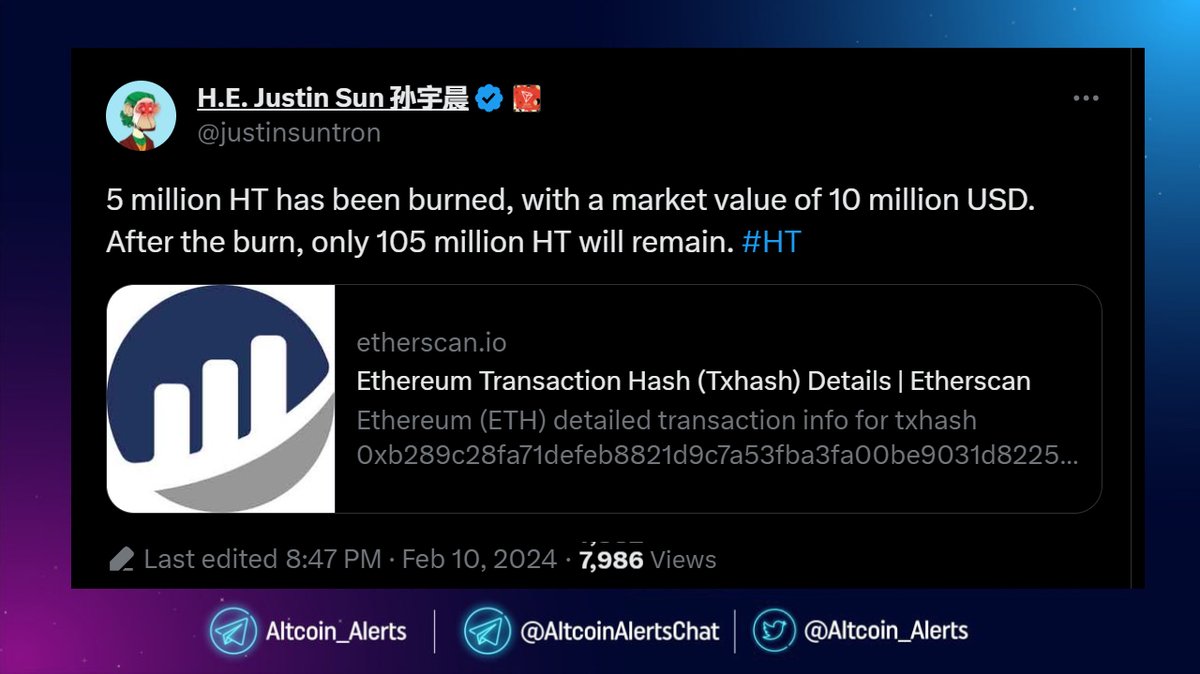 Altcoin_Alerts's tweet photo. 🔔 JUST IN: 5 million HT has been burned, with a market value of $10 million !

▶️ Check More Details Here :
https://t.co/jVgZZwi05H
