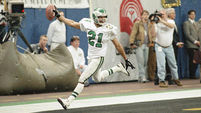 All of these players are in the <a href="/NFL/">NFL</a> HOF EXCEPT 1
Deion Sanders 53 INT 7 TD  
Aeneas Williams 55 INT 9 TD  
Ty Law played 53 INT 7 TD  
Champ Bailey 52 INT 4 TD  
Darrell Green 54 INT 6 TD  
Ronde Barber 47 INT  8 TD

**Eric Allen 54 INT 8 TD**
Recovered 7 fumbles &amp; a TD
<a href="/Eagles/">Philadelphia Eagles</a>