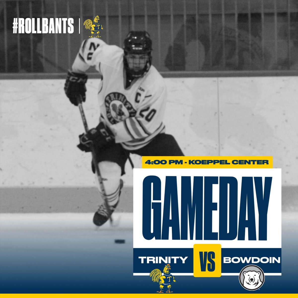 M🏒 | GAMEDAY #7 @TCBantamsHockey are back on the ice in Koeppel where they host Bowdoin College, puck drop is at 4PM #RollBants🐓 🆚 @GoUBears ⏰ 4:00 PM 📍 Koeppel Center 📺 nsnsports.net/colleges/trini… 📊 bantamsports.com/sidearmstats/m…