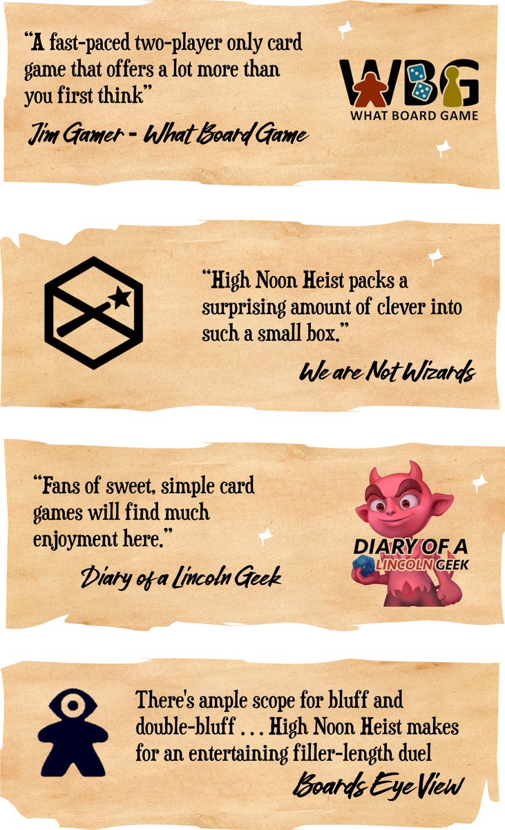 Some of the lovely reviews for High Noon Heist, coming to Kickstarter in just over a month!

kickstarter.com/projects/15823…