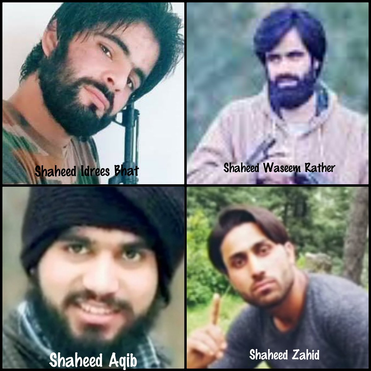 Today is 5th martyrdom anniversary of PhD scholar Dr. Waseem Rather of Ashmuji Kulgam, Shaheed Zahid Parray of Gopalpora,Shaheed Idrees Bhat of Arwani, Shaheed Hafiz  Aqib Nazir of Zongalpora &amp; Shaheed Pervaiz Bhat of Mukdampora Qaimoh.
(Kelam Encounter, 2019)

#Kashmir