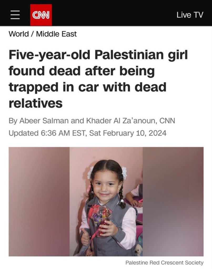 CNN’in bu korkunç vahşeti servis etme şekline bakar mısınız?
“Ölü akrabalarıyla arabada mahsur kalan 5 yaşındaki Filistinli kız ölü bulundu.” 

Who killed them <a href="/CNN/">CNN</a> and how?