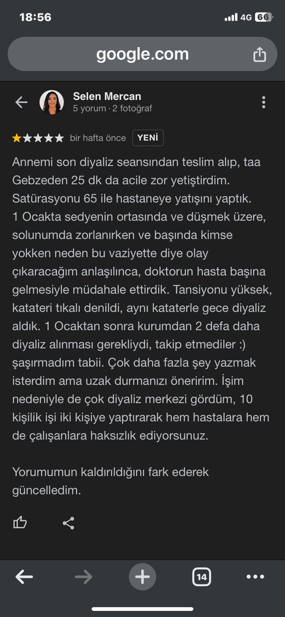 Madem google yorumlarım sildirtiliyor buyrun o zaman
<a href="/saglikbakanligi/">T.C. Sağlık Bakanlığı</a> <a href="/kocaelisaglikmd/">Kocaeli İl Sağlık Müdürlüğü</a> <a href="/gebzeilcesaglik/">GEBZE İLÇE SAĞLIK MÜDÜRLÜĞÜ</a> <a href="/novakdiyaliz/">Gebze Novak Diyaliz Merkezi</a> 
1 Ocakta yaşadığım olay için paylaşımdır, cimere de ileteceğim, sevdiklerinizi uzak tutun