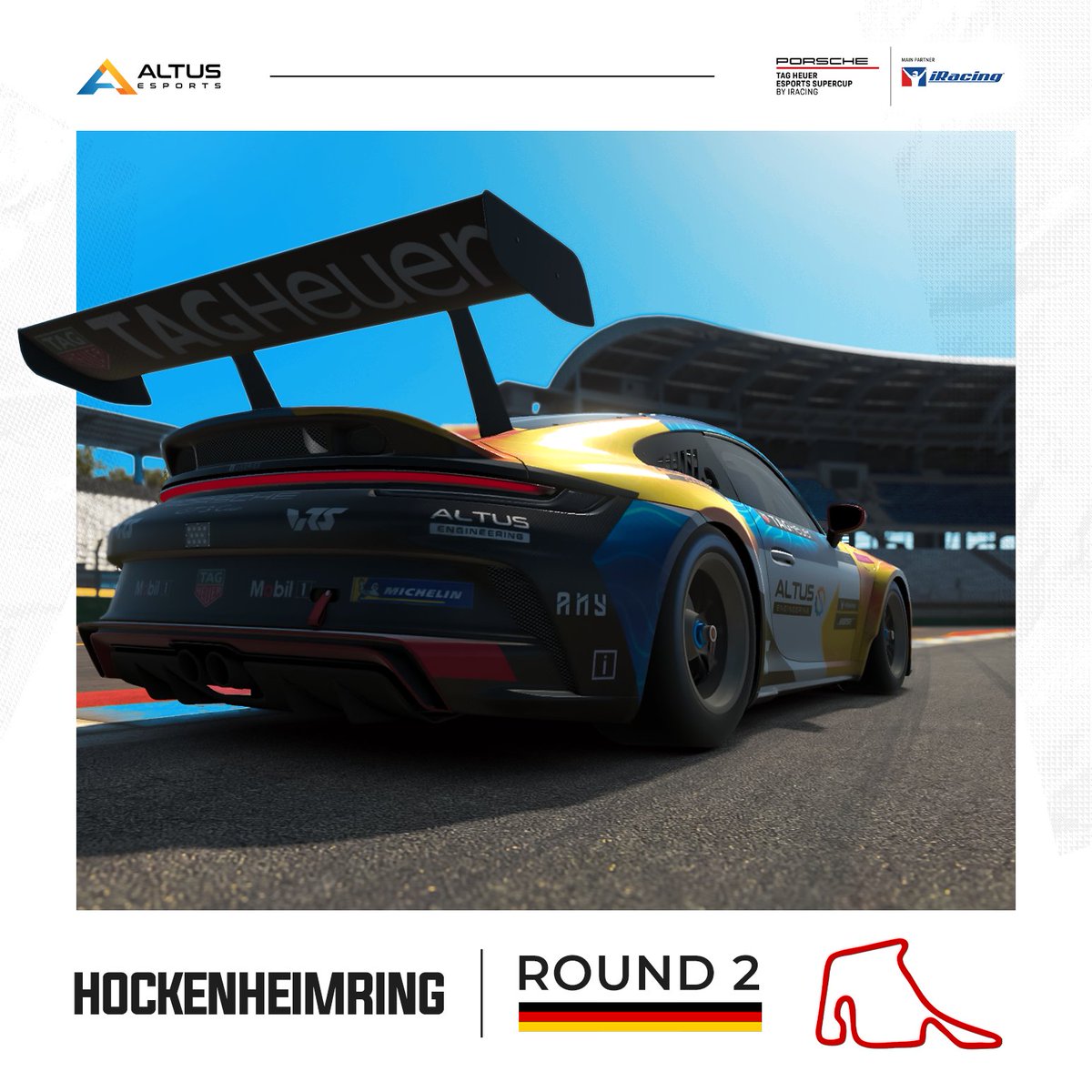 Race Day! We're heading to Germany to a track we've typically had success at. Feeling the Good Vibes - let's get at it! 💪 Twitch.tv/porsche #WeAreAltus @PorscheRaces @iRacing @JCaruso012 @simonemarceno27 @dino_lomb #esports #pesc #simracing @Altus_Engineer