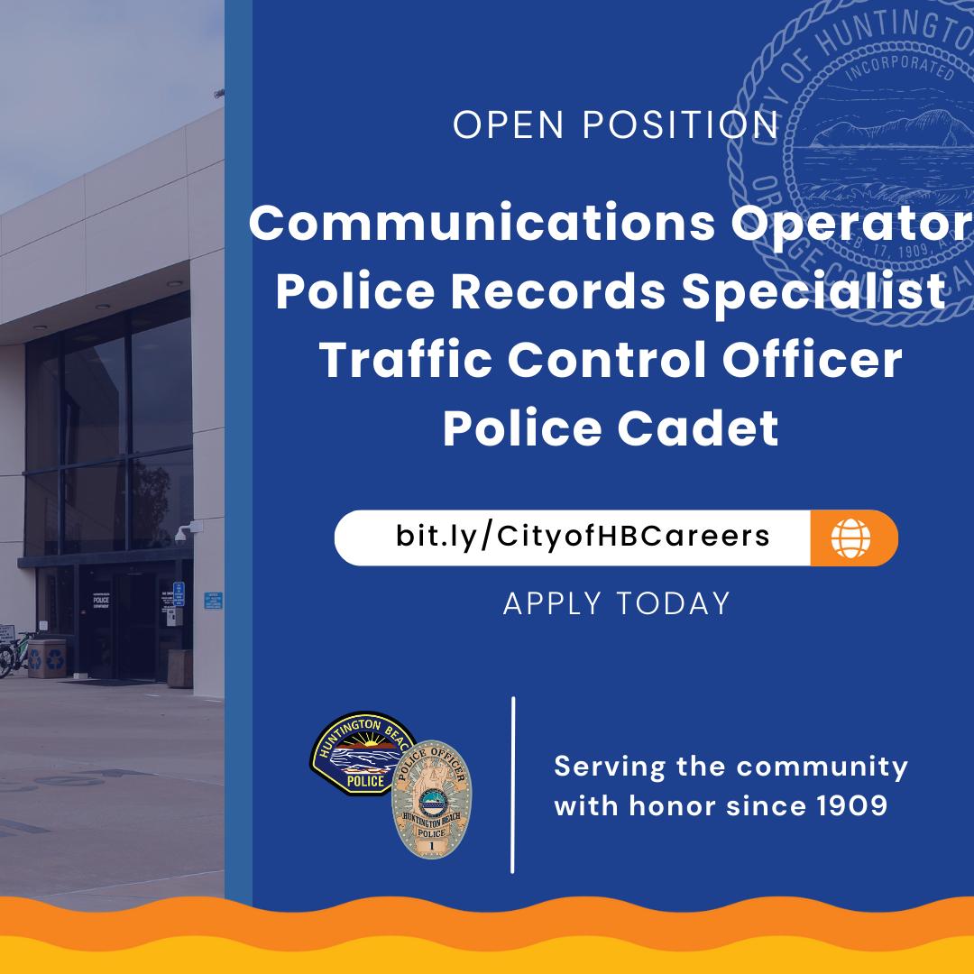 We are hiring! We are looking for the very best to serve HB in various roles within the Police Department. For more information, including job description, salary, and requirements, please visit bit.ly/CityofHBCareers. #hiringnow #joinhbpd