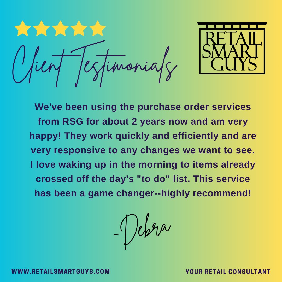 Debra, your support means the world to us! 

We are happy to be working with you for many years now.

#retailsmartguys #retail #retailadvice #retailconsulting #retailorbit #retailstore #retailsolutions #retailservices #purchaseorderentry #dataentry