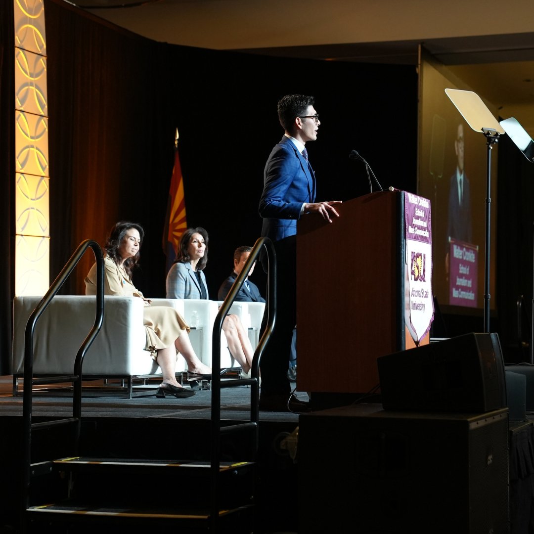 Cronkite_ASU's tweet photo. Still reeling over the excitement of watching @davidmuir accept the #CronkiteAward for Excellence in Journalism? You aren't the only one! Thank you to everyone who showed up and took part in making the day a successful one. #CronkiteNation https://t.co/wkGfe5CQzF