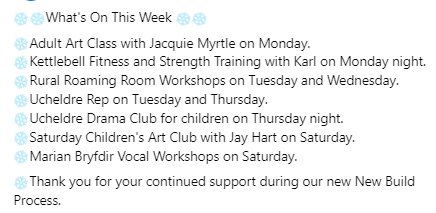 CanUcheldreCtr's tweet photo. #WhatsOnThisWeek #AdultArtClass #Fitness #RuralRoaming #UcheldreRep #UcheldreDramaClub #SaturdayArtClub #VocalWorkshops https://t.co/JT9yuF7arY