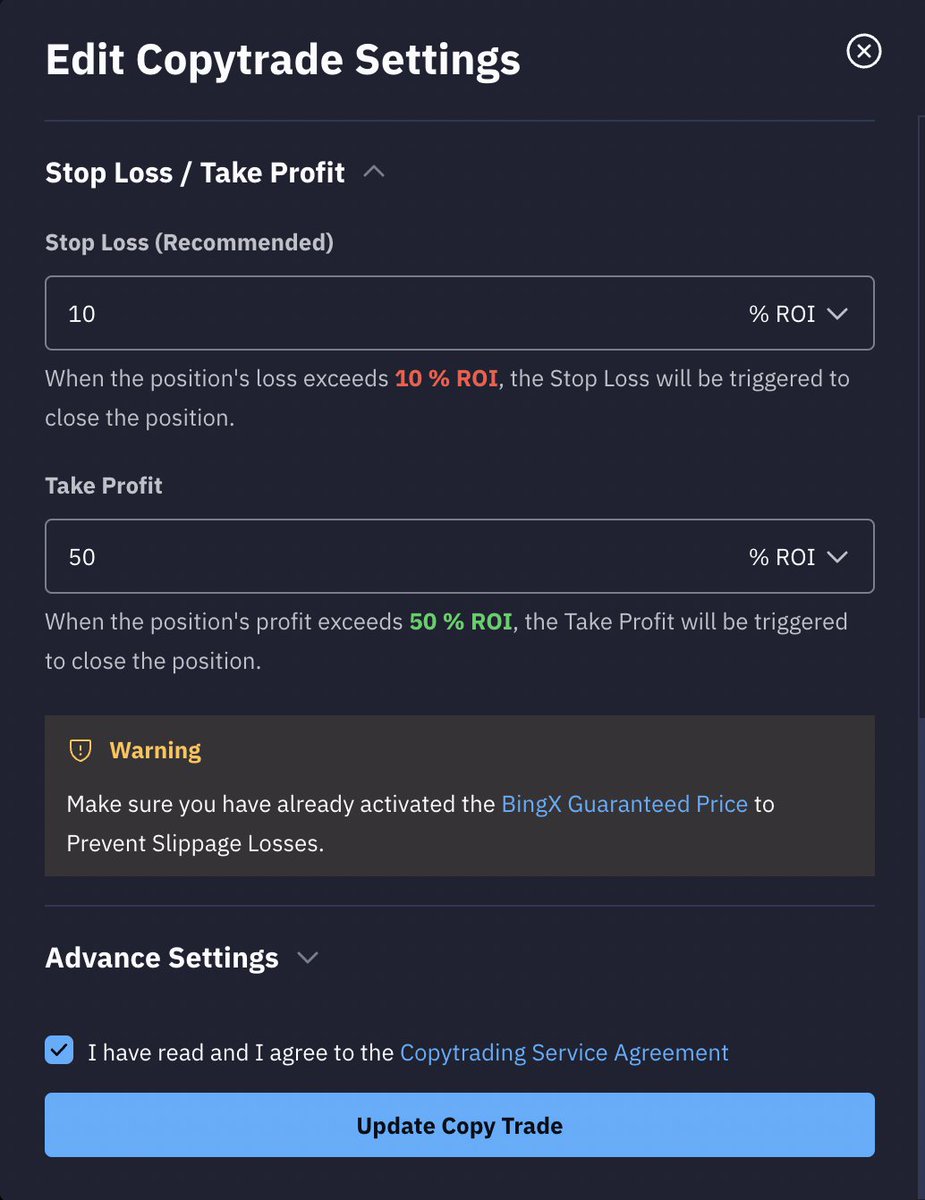 Copin_io's tweet photo. Did you know you can now set take profit and stop loss orders by percentage (ROI) before copy trading on Copin? 

📌These setups can help mitigate copy trading risks by automatically exiting a trade. 

Happy copy trading! 🥂 https://t.co/aTraXMlJUW