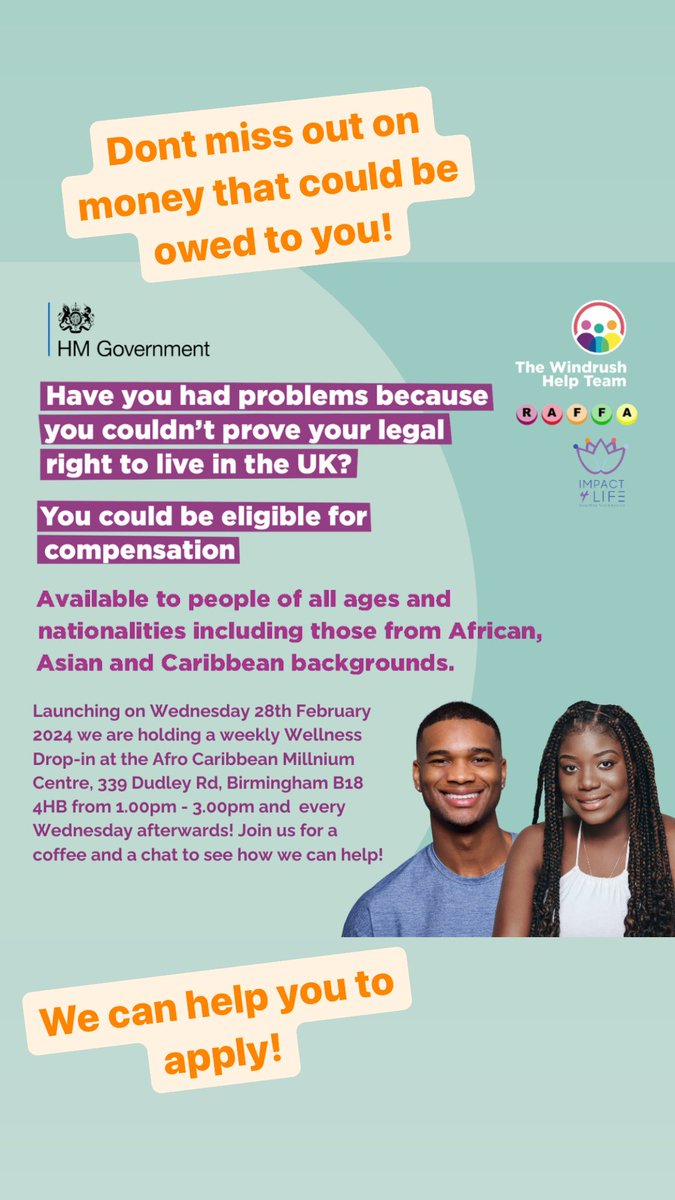 If you have suffered loss due to being unable to demonstrate your lawful status here in the UK- you could be eligible for compensation! Drop-in's at the URC,B20 3RX every Friday 12-2pm. Also providing you with a warm space, free health checks and more! #health #windrush