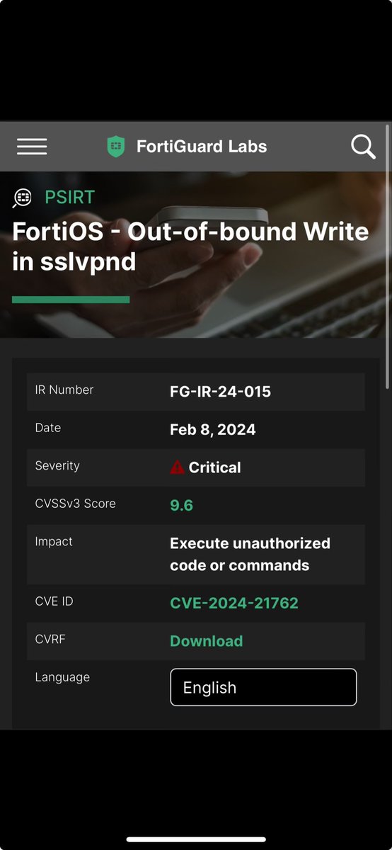 SeguInfo's tweet photo. (Otra) vulnerabilidad crítica de FortiOS SSL VPN (CVE-2024-21762) https://t.co/8B0GKlcOqz https://t.co/cRyud01hEt