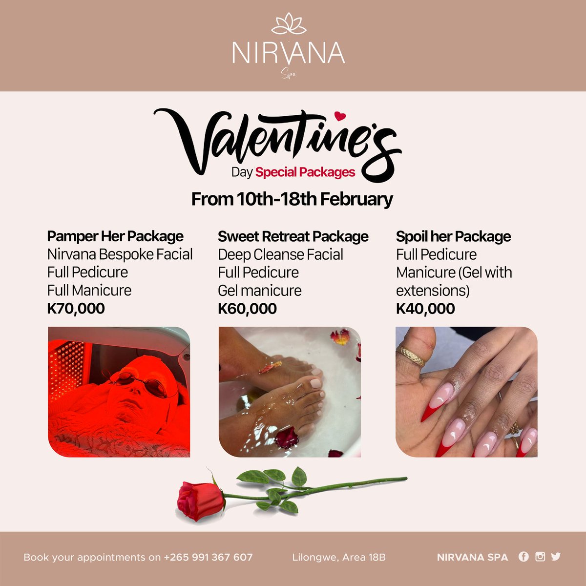 _nirvanaspa's tweet image. Celebrate love and serenity this Month of love at Nirvana Spa 😍. Enjoy our exclusive packages with discounted rates for an extra touch of bliss. Book your appointments on +265991367607 Lilongwe Area 18B 🔥
