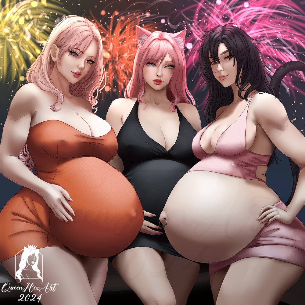 QueenHexArt's tweet photo. So this was supposed to be a New Years pic, but obviously I didn't finish it in time. @bearybest3000's Sophie, Jinx and their friend Orachi made the most of New Years Eve, and decided to have a fun night out 🎉#digitalart #pregnant #pregnantart https://t.co/asi5LlVpPd