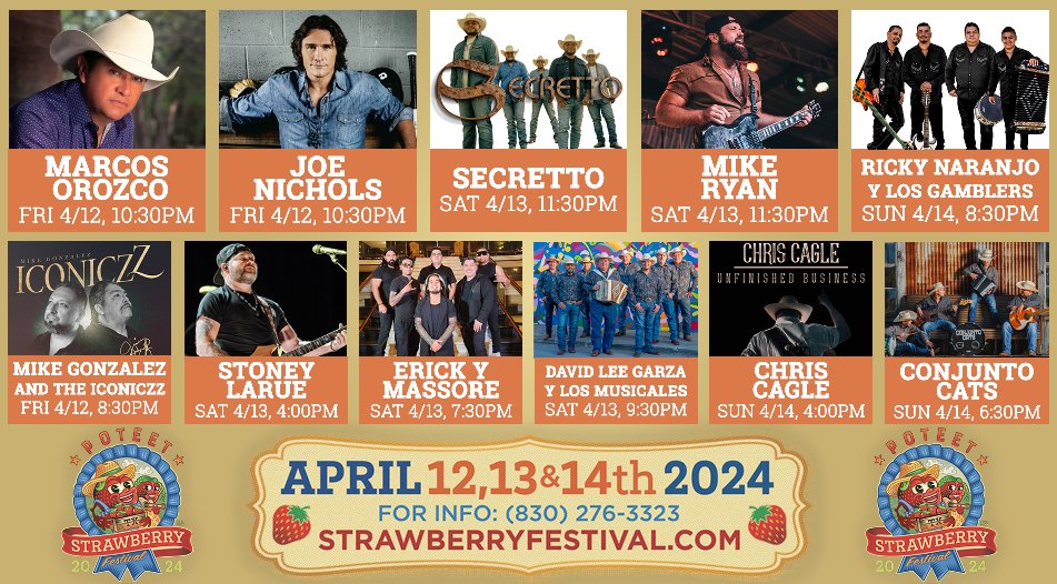 StrawberryFestx's tweet image. 🍓🍓UPDATED ANNOUNCEMENT🍓🍓
2024 Poteet Strawberry Festival  April 12th - 14th, 2024 Poteet, TX Poteet Strawberry Festival Grounds  Schedule &amp;amp; Tix: StrawberryFestival.com #PSFTX2024 #PoteetStrawberryFestival #Poteet #StrawberryFestival #Texas #LiveMusic
