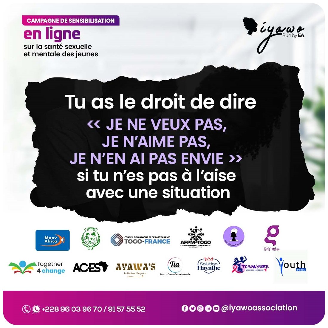 roseadjayissa's tweet photo. Jeune ta santé mentale et sexuelle vont de paires.
<<JE NE VEUX PAS, JE N’AIME PAS, JE N’EN AI PAS ENVIE>>sont des mots que tu peux utiliser lorsque tu te retrouves dans une situation inconfortable et l’autre PERSONNE se doit de RESPECTER ta décision.
#EAIyawo https://t.co/hJ7HuRzZ7q