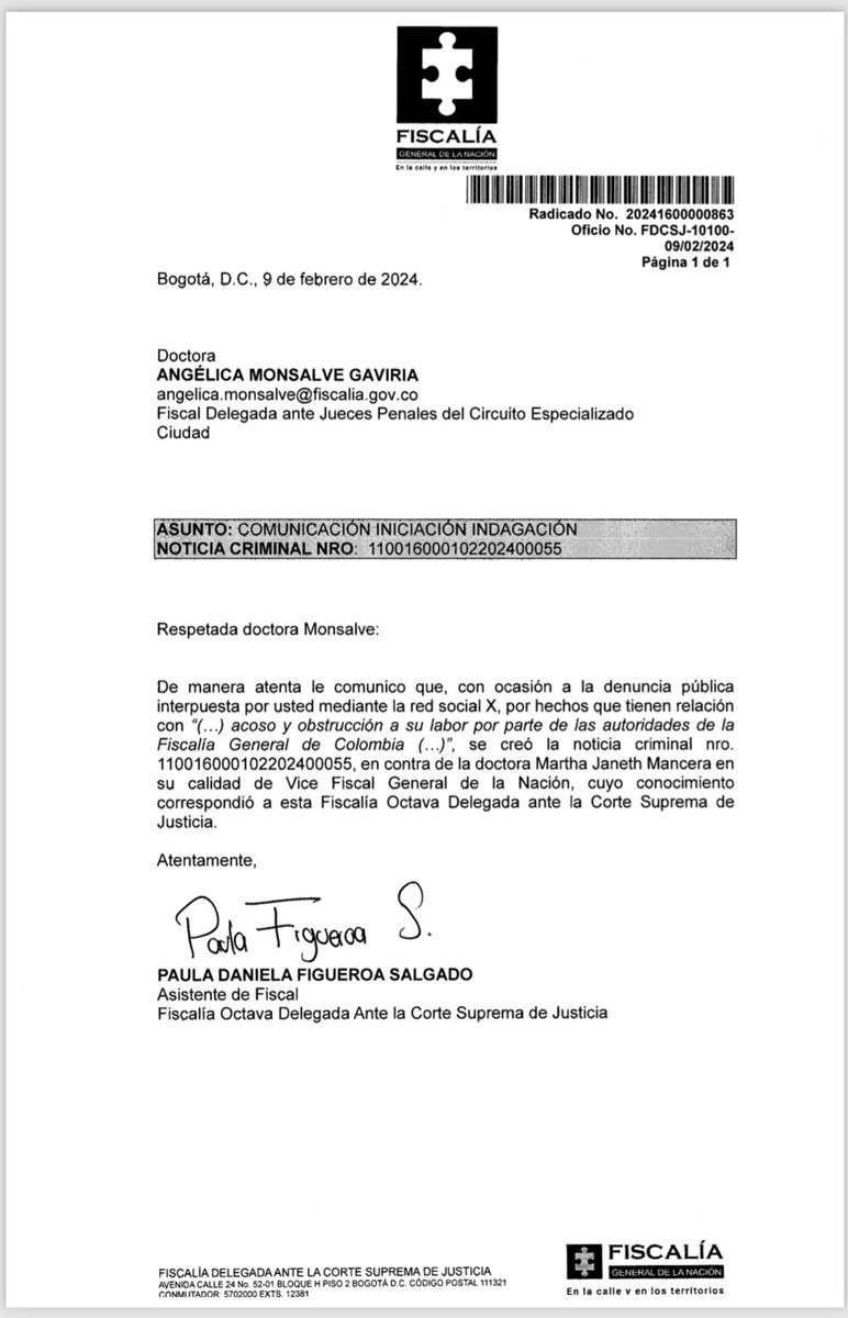 alazamo123's tweet image. La señora Mancera, funcionaria de la @FiscaliaCol ordenó a su subalterno fiscal 8vo delegado ante la CSJ, abrir una investigación contra ella misma, por mi publicación en  la red social X en la que refiero, que ella y Barbosa han obstruido y saboteado la investigación a mi cargo…