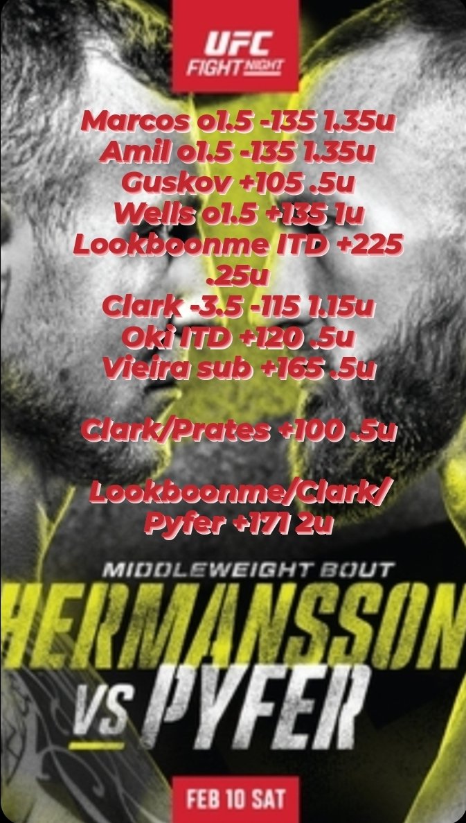 TommyZ_MMA's tweet image. My bet card for #ufcfight #hermanssonvspyfer as always we'll be live on #nukethehoyse YouTube channel at 4pm est. #tunein #getinvolved #ufc