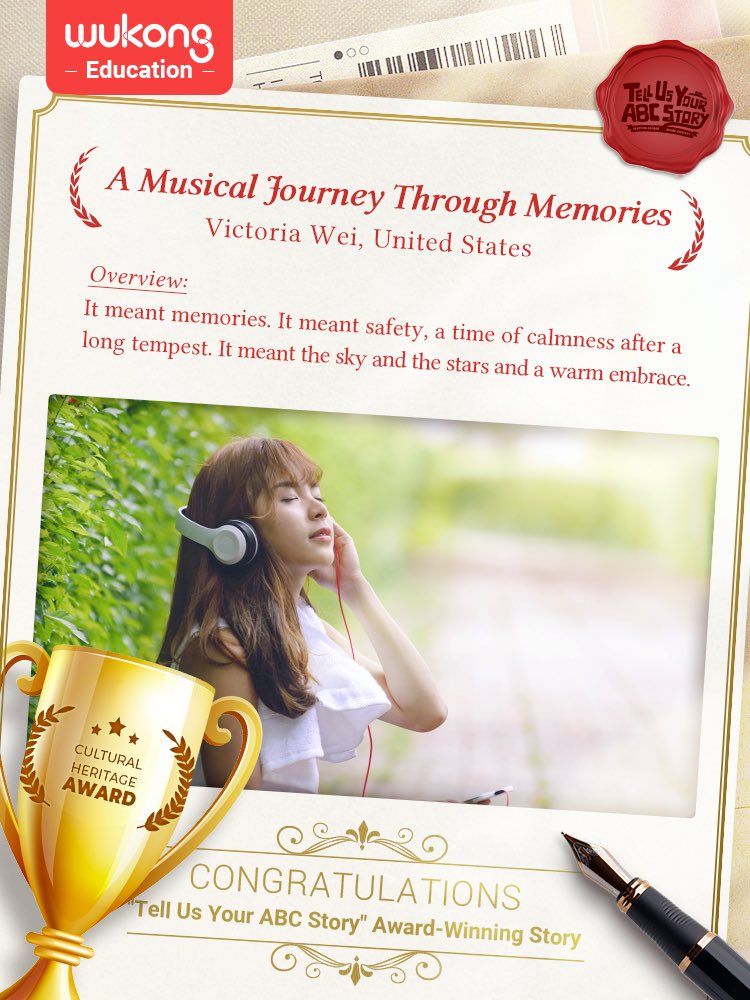 WuKongEducation's tweet photo. #TellUsYourABCStory
Story Title: A Musical Journey Through Memories
Author: Victoria Wei (Ages 13, United States)
Award: Cultural Heritage Award

Victoria paints her unique coming-of-age story with a touching melody, weaving her family narrative and cultural heritage seamlessly through notes and words. She earnestly narrates the love of her father, the beauty of music🎵, and the power of Chinese culture.

Specially invited judge @danielwuyanzu drew parallels to the "Emotional Memory" often used in acting, while @vincentyee8 marveled at the author's connection to a Chinese lullaby, sung by her father, providing comfort during a time of uncertainty. ❤️

Click the link to join in Victoria's musical journey of growth and experience the wonderful melodies🎶: https://t.co/OPy4FsnaCi

#WuKongEducation  #WuKongChinese #Chineseheritage #AAPI