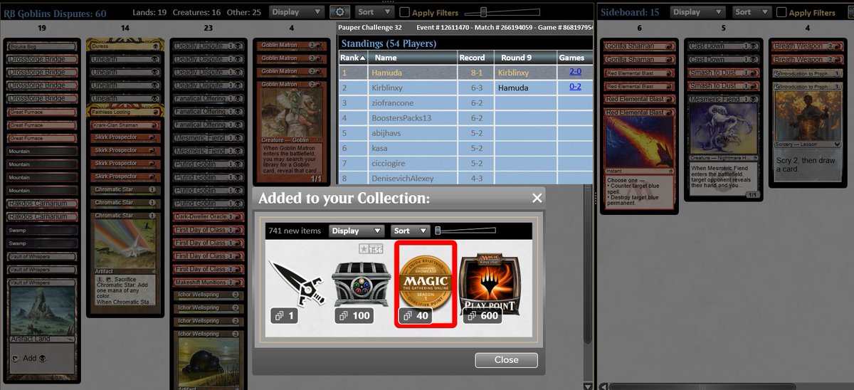 Top 1 Pauper Challenge with Goblins Combo😎( split), I'am going  to do a sideboard guide and coach, anyone intersted in the deck dm me pls!
Swiis won against 4 ATG deck, 1 Jeskai Epehmerate, and lost to RW synth.
Quarters tron 2-0
Semi Fams 2-0
Final RW Synth split
