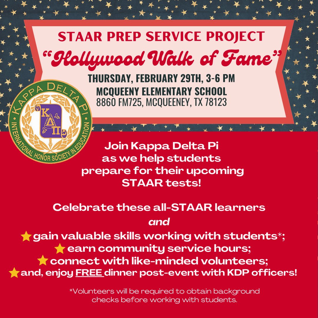 KDP_TXST's tweet photo. Join KDP for our service opportunity from 3-6 pm on Thursday, Feb 29 as we help elementary students prepare for the STAAR test! RSVP via the HUB or reach out to our VPs of Service (jiw25@txstate.edu or jgy6@txstate.edu) for more event details! https://t.co/AD1952hPEL