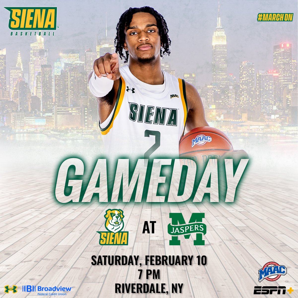 🏀 A Saturday night battle in the Bronx @SienaMBB at @JaspersMBB 🕖 7⃣PM 📍 Riverdale, NY 🏟️ Draddy Gymnasium 📺 @ESPNPlus ➡️ t.ly/Okdh6 📻 @JAMZ963 ➡️ t.ly/wgbW1 📊 t.ly/bcHri 📰 t.ly/frbB4 #MarchOn