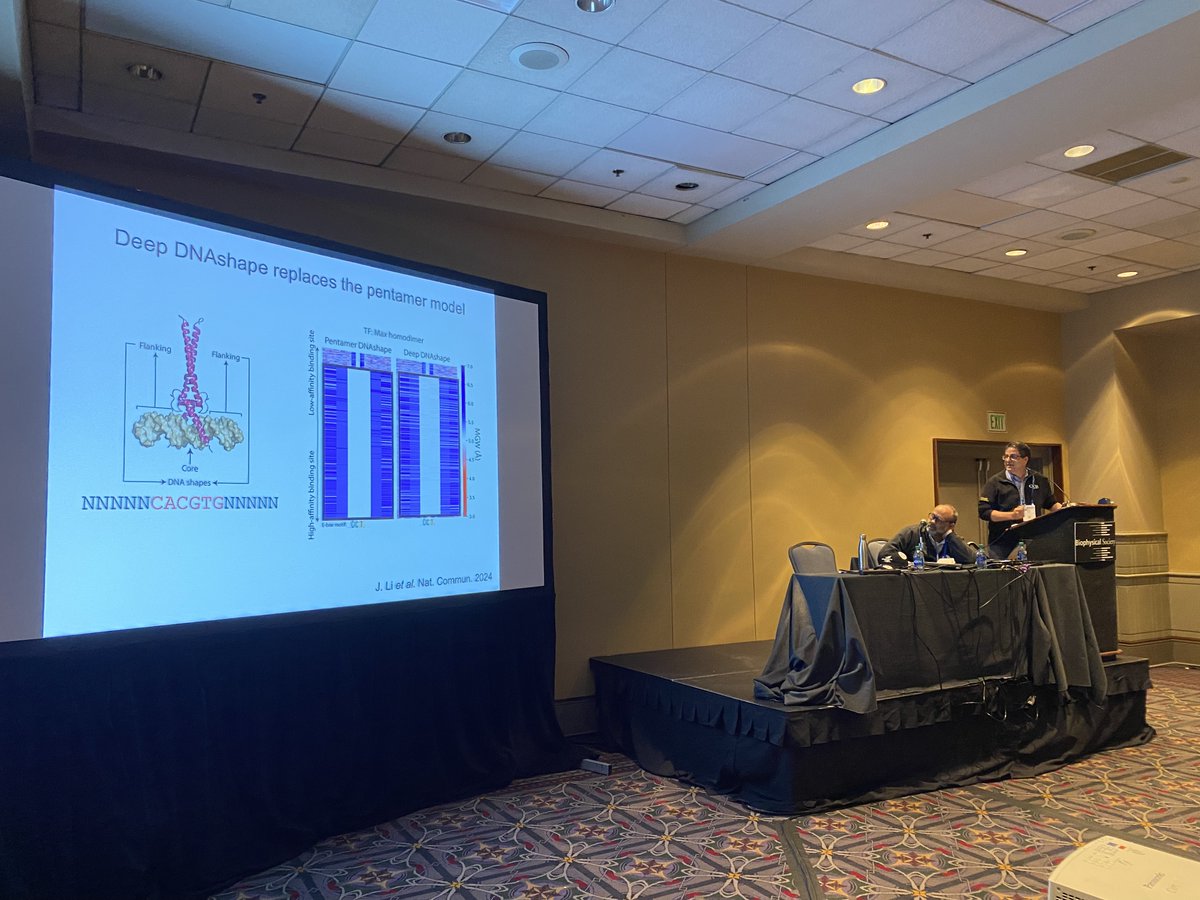 Closing is @RemoRohs presenting powerful AI methods, including Deep DNAshape to predict DNA structure from sequence using deep learning...and much more #BPS2024 @BiophysicalSoc Meeting Published just yesterday: nature.com/articles/s4146…