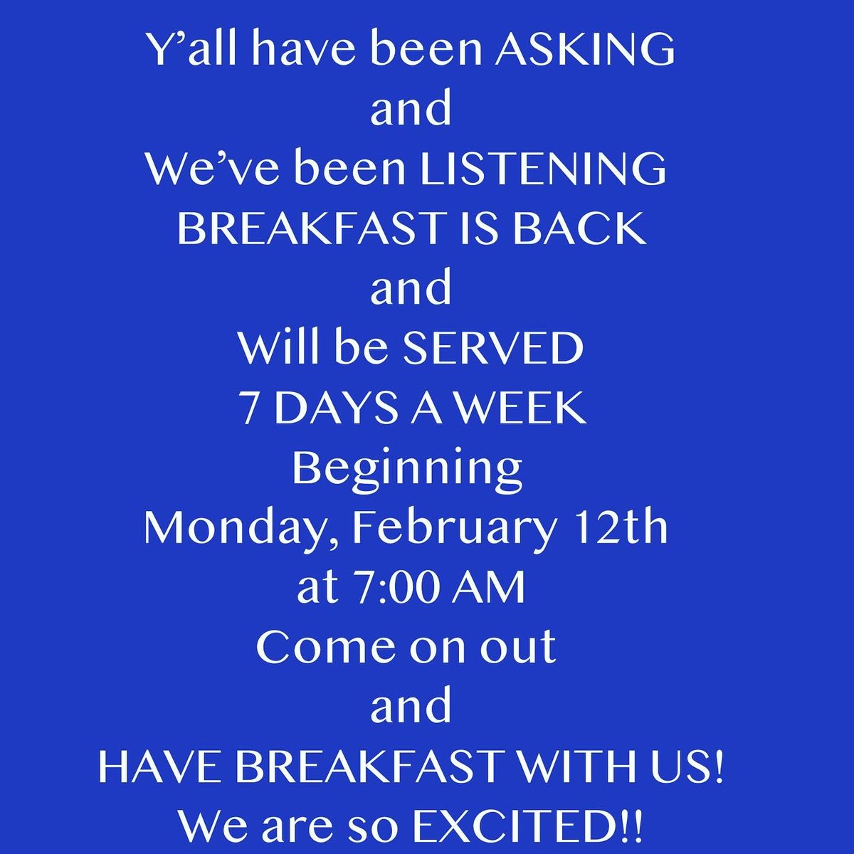 TBCStarkville's tweet photo. BIG BIG NEWS!!!! BREAKFAST IS COMING BACK TO THE BREAKFAST CLUB!  Y’all check out the new hours for breakfast and lunch!  We can’t wait! 😍 https://t.co/UFRcpCjPL0