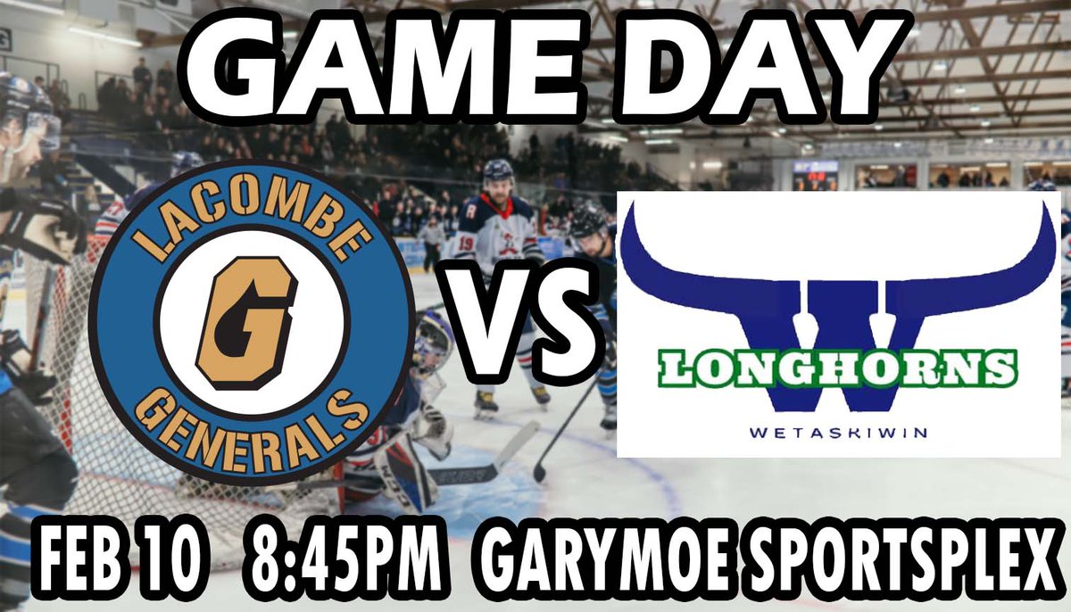 It’s Game Day Playoffs! Coming off a 5-3 win lastnight, the Generals take on the Wetaskiwin Longhorns in Game #2!

There will be merch prizes, a chance to win
@MoesLacombe pizza during Shoot-To-Win, @KidSportLacombe 50/50 and more!
 
See you tonight! Go Generals Go! @NCHLSeniorAA