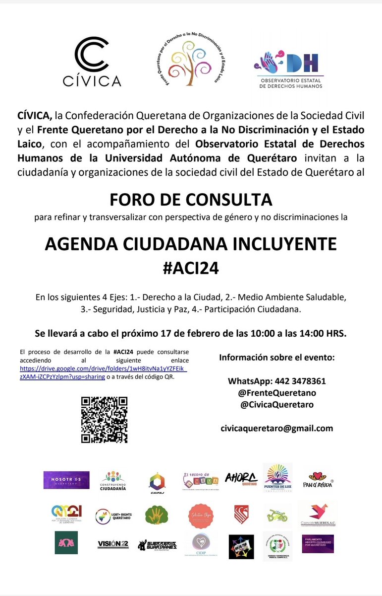 INVITACIÓN a
#ForoDeConsulta
#ACI24 

Las  OSC que forman parte de  <a href="/CivicaQueretaro/">Cívica Querétaro, Confederación de OSC</a> y el <a href="/FrenteQueretano/">Frente Queretano por el DNDEL</a>, en colaboracion con el Observatorio <a href="/DdhhUaq/">Observatorio_ddhh.uaq</a> INVITAN a TODAS las OSC del Estado de #Querétaro a refinar y transversalizar la #AgendaCiudadanaIncluyente 2024
Info aquí 👇👇