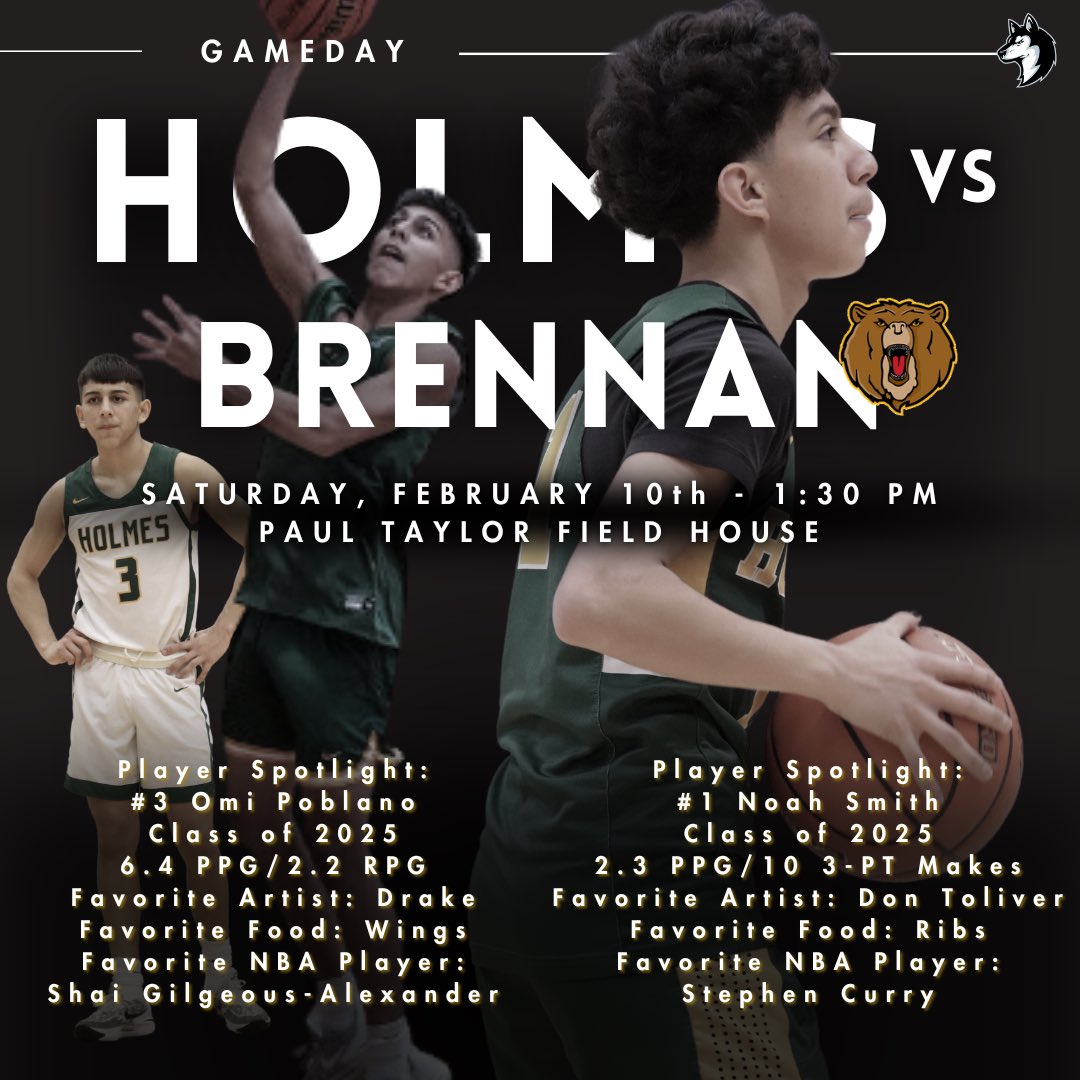 🚨GAME DAY🚨 🗓️Saturday, February 10th @HolmesHuskyBB 🆚@Brennan_BBall 📍Paul Taylor Field House ⌚️1:30pm 🎟️: nisd.net/district/athle… 📺: northsidesportsnetwork.com #WEisgreaterthanME