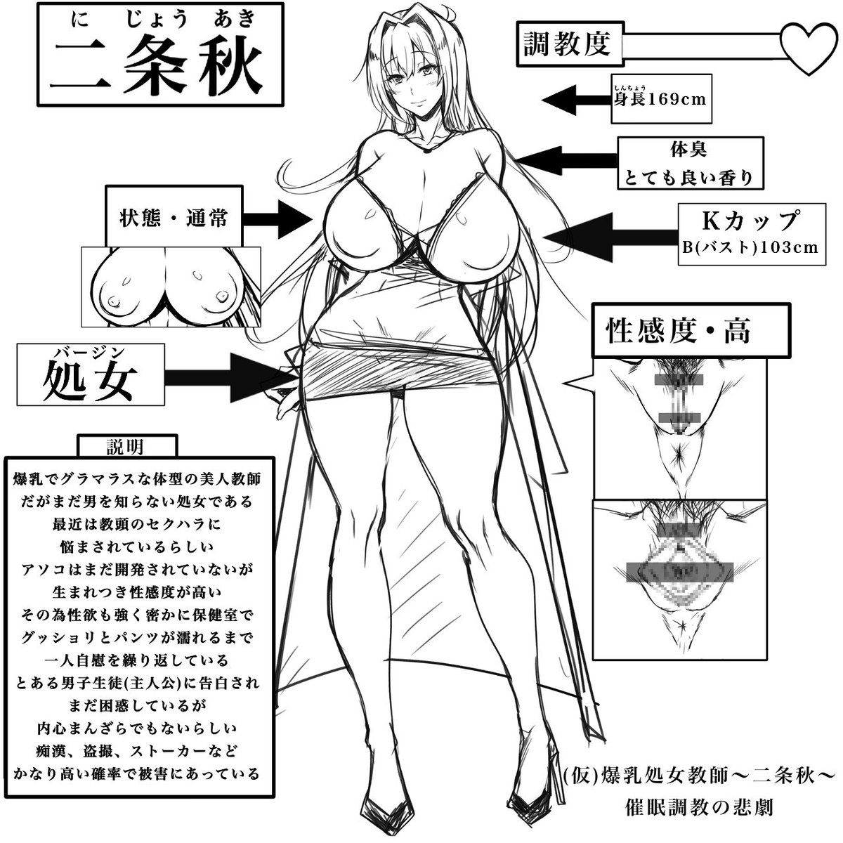 マケン姫っ! 二条秋 のステータス。
調教度や説明を加えてじっくり催眠NTRを
考案中であります。
妊娠腹ボテ後の差分などはまだ未定ですが…
中年おやじの教頭チ◯ポで
めちゃくちゃセッ◯スしまくるボイスなども
fantiaに投稿をするつもりです。

イラスト @kick_yah 姫玖屋様
ありがとうございます😭 