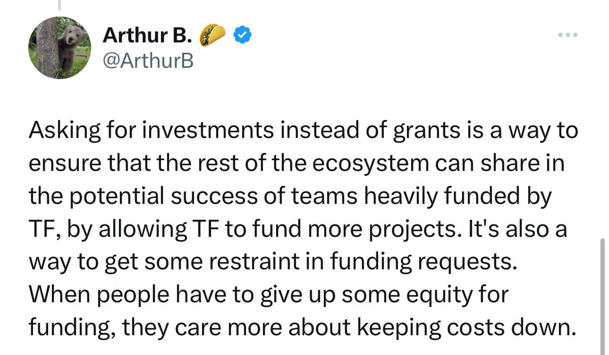 Investments instead of grants benefits only the  Breitmans and #tezos foundation.

Trilitech get $ 10 million a year of grants but builders denied