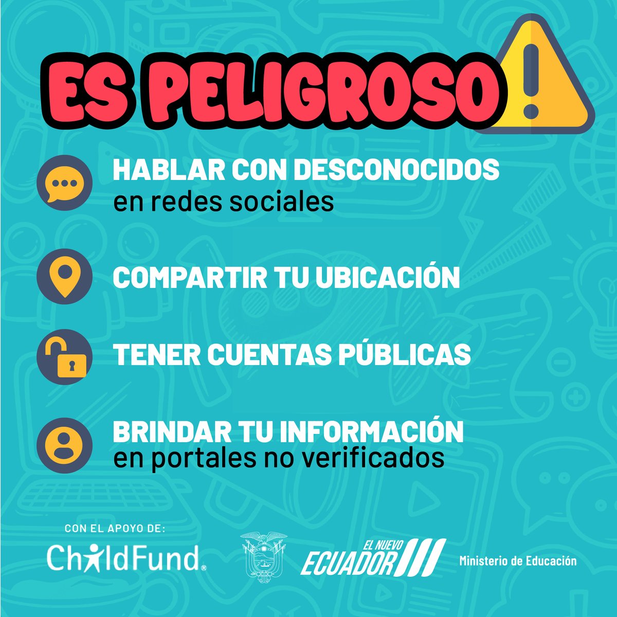 ⚠️ Mantener conversaciones con desconocidos en redes sociales 📱, te puede exponer a situaciones de violencia digital, como acoso cibernético, grooming y extorsión.

🔍 Conoce más en nuestro Protocolo de Violencia Digital ➡️ bit.ly/3Rz27e1

#ElNuevoEcuador