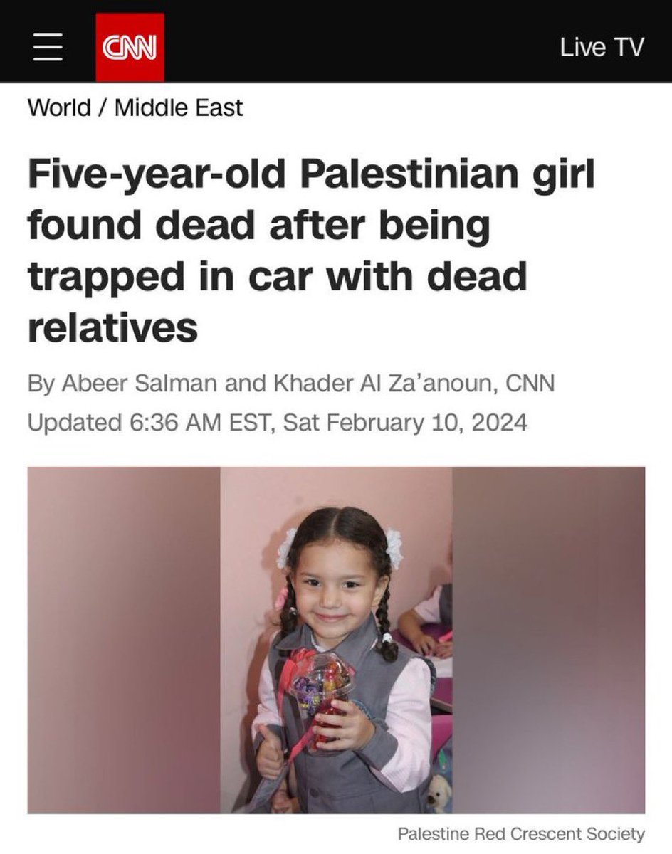 Israel killed Hind. 

First, they murdered her family, then they murdered her. 

They bombed the ambulance and killed the paramedics who went to save her. 

And yet, this is how CNN decides to cover it. 

Shame on every Western media outlet.