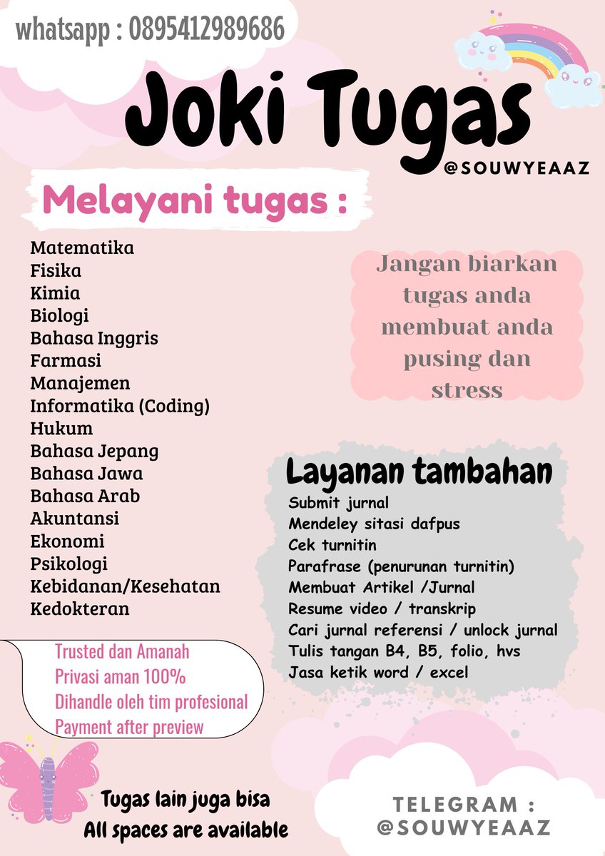 souwyeaaz's tweet image. Tugasmu menumpuk? Ngga sempat ngerjain? Atau tugasmu mengganggu waktu santaimu? Atau tugasmu membuatmu stress? Don&apos;t worry gaiz🧸 serahkan kepada @souwyeaaz . Untuk testi bisa cek tweet dibawah, atau link telegram di bio🌷✨