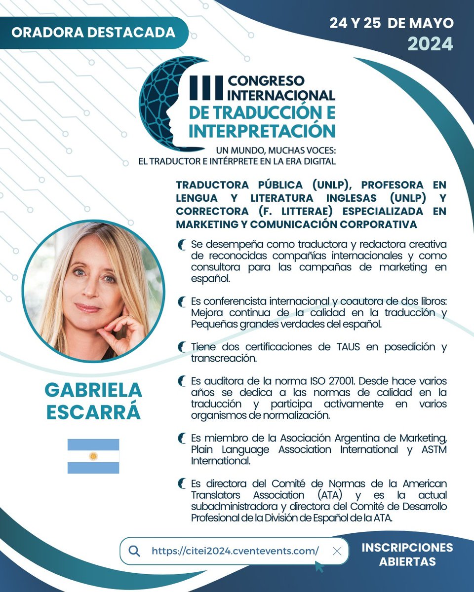 ctp_per's tweet photo. ¡Conoce a @GE_langtic , oradora destacada del III Congreso Internacional de Traducción e Interpretación (CITEI)! 🔥🌎

Si quieres conocer más información sobre los ponentes, visita nuestro sitio web. 💻

🌐 https://t.co/qpet5TIfJR

#CITEI2024 https://t.co/98SJCCJ28C