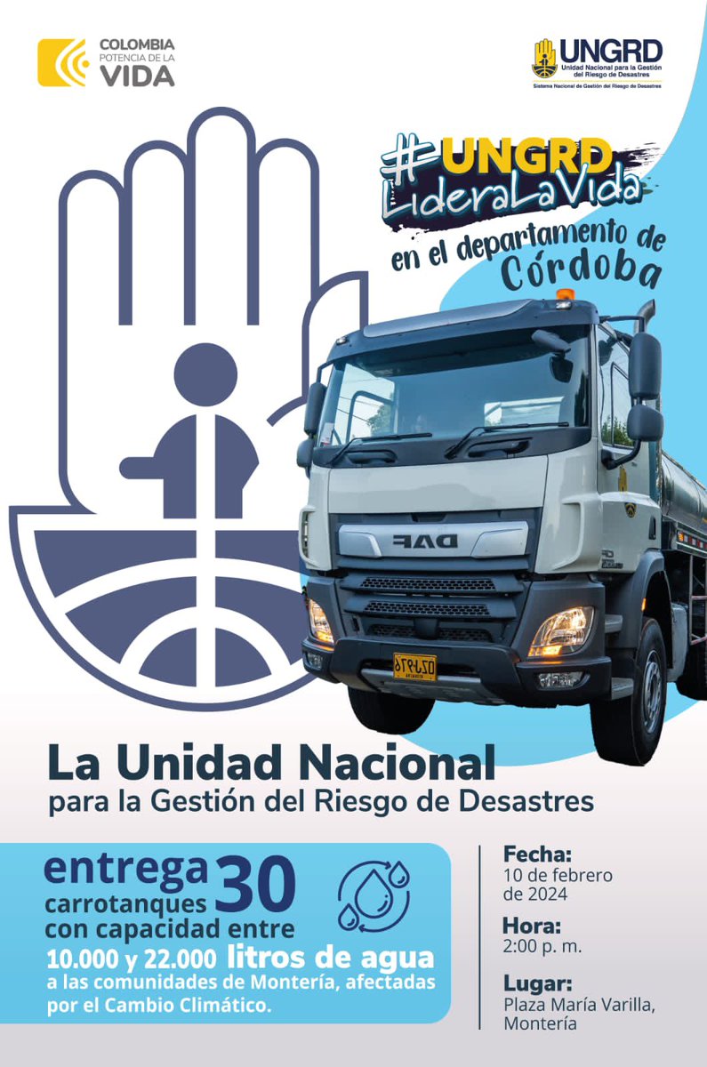 Rumbo a Montería, Cordoba; tierrra del presidente @petrogustavo; la @UNGRD hará entrega de 30 carrotanques para el abastecimiento de agua potable, que beneficiarán a las comunidades que hoy no reciben el líquido vital.