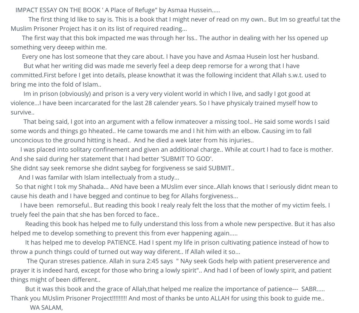 MuslimPrisoner's tweet image. It’s long, but trust us: you’re going to want to read this. This is why we made  @UmmRuqaya's book on widowhood required reading for prisoners who may have caused loss of life themselves:
#tawba #repentance #tauba