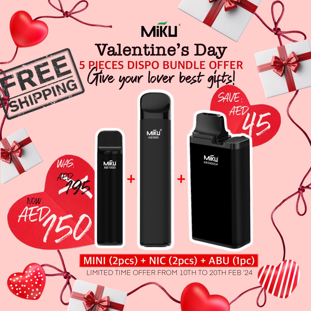 MikuVapeMaria's tweet photo. 🎁 Get 5 disposable vapes for only AED 150 with FREE delivery! 🚚

This special bundle includes:
•2 Miku Mini Disposable Vape
•2 Miku Nic Disposable Vape
•1 Miku Abu Disposable Vape https://t.co/Fb6Hj2B32e
