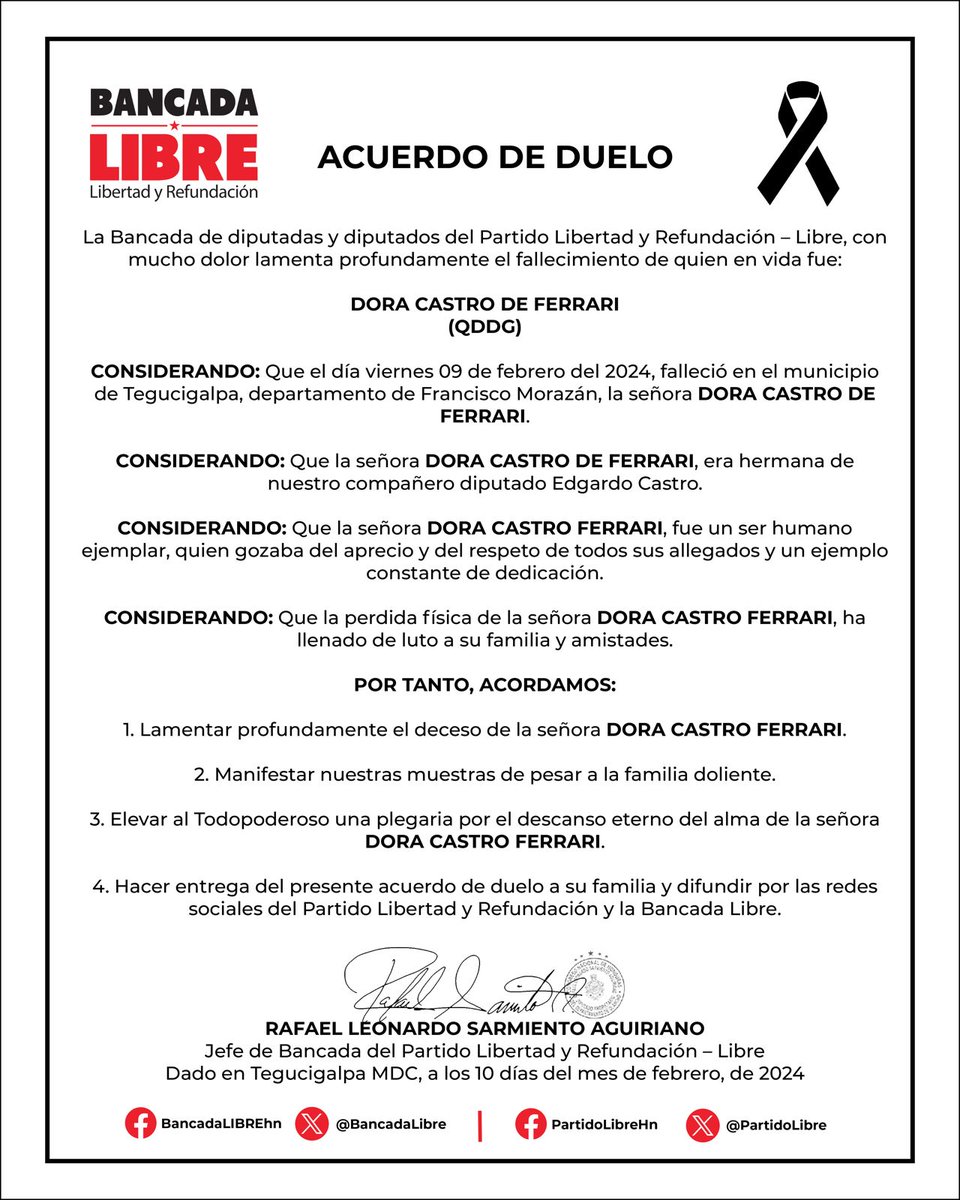 Con profundo pesar expresamos la pérdida física de la señora DORA CASTRO FERRARI (QDDG), hermana de nuestro compañero diputado <a href="/CheleCastro0501/">Edgardo El Chele CASTRO</a>.

En nombre de la Bancada Libre, nos solidarizamos con sus familiares, amistades y demás seres queridos a quienes enviamos este mensaje