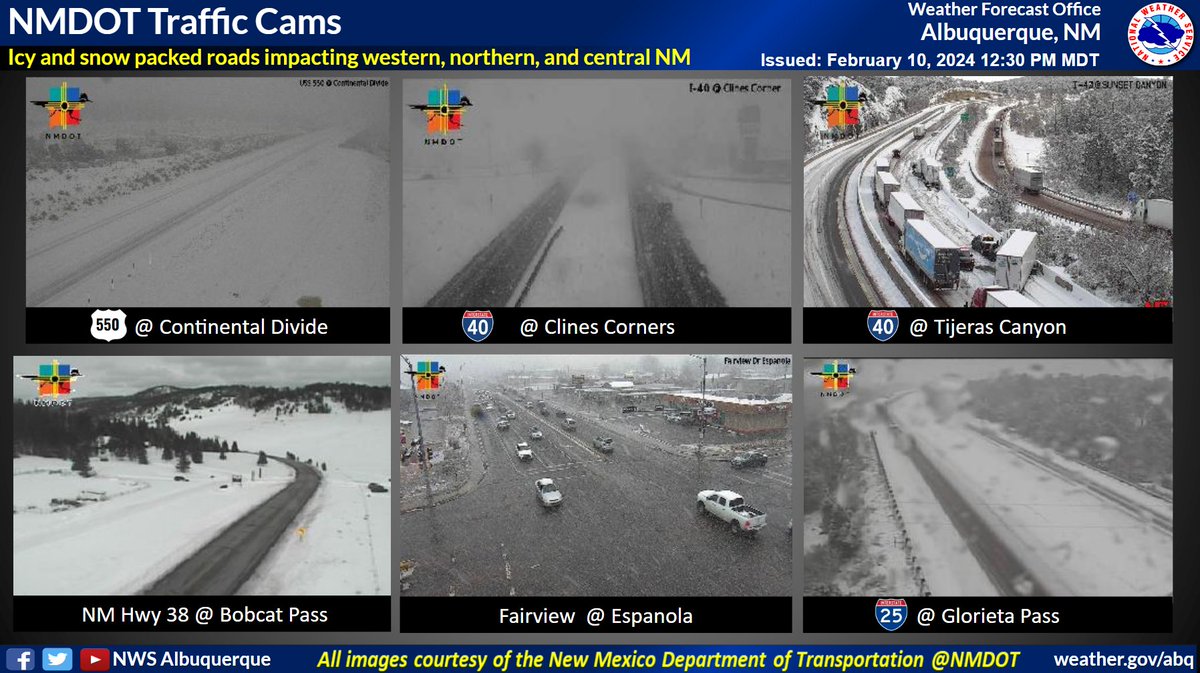 NWSAlbuquerque's tweet photo. Road conditions continue to deteriorate as heavy snowfall begins to track across northern and central New Mexico. Slick road conditions and abrupt reductions to visibility may exist. #NMwx #NMroads https://t.co/MprDUnqTG3