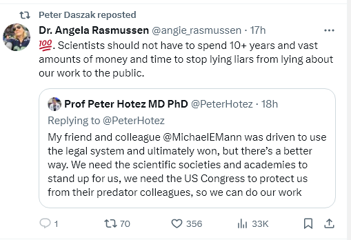MarioKoopmans's tweet photo. Daszak plustweeted Rasmussen, who plustweeted Hotez, unity-tweet against 'predator colleagues', seek legalshield. Meaning? Thoughtpolice? #Unscience https://t.co/aKunVzwMVd