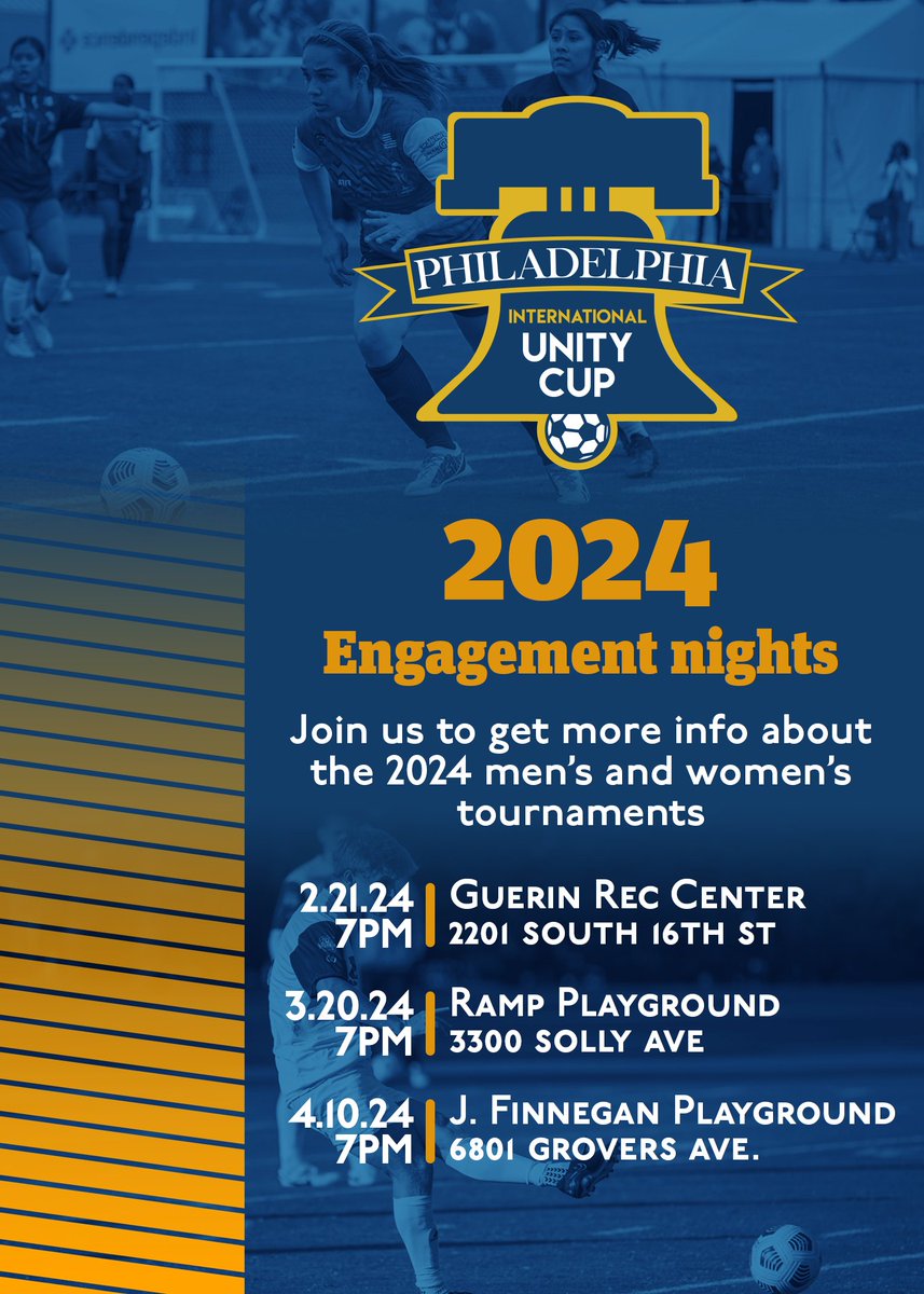 Join us for the <a href="/PHLUnityCup/">PHL Unity Cup</a> Tournament Engagement Nights! Learn about the 2024 tournaments, rules, and how you can join the action!

Head over to the Unity Cup website for more info: unitycup.phila.gov