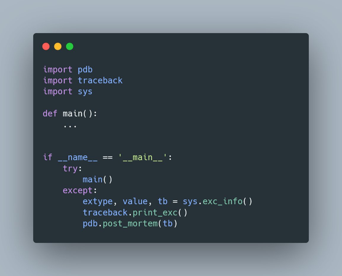 _gaganm's tweet image. One of the most useful tricks I learnt from @giffmana: automatically starting pdb debugger when program crashes.
It's just 5 lines of code that has probably saved me countless hours in trying to debug tricky bugs.
