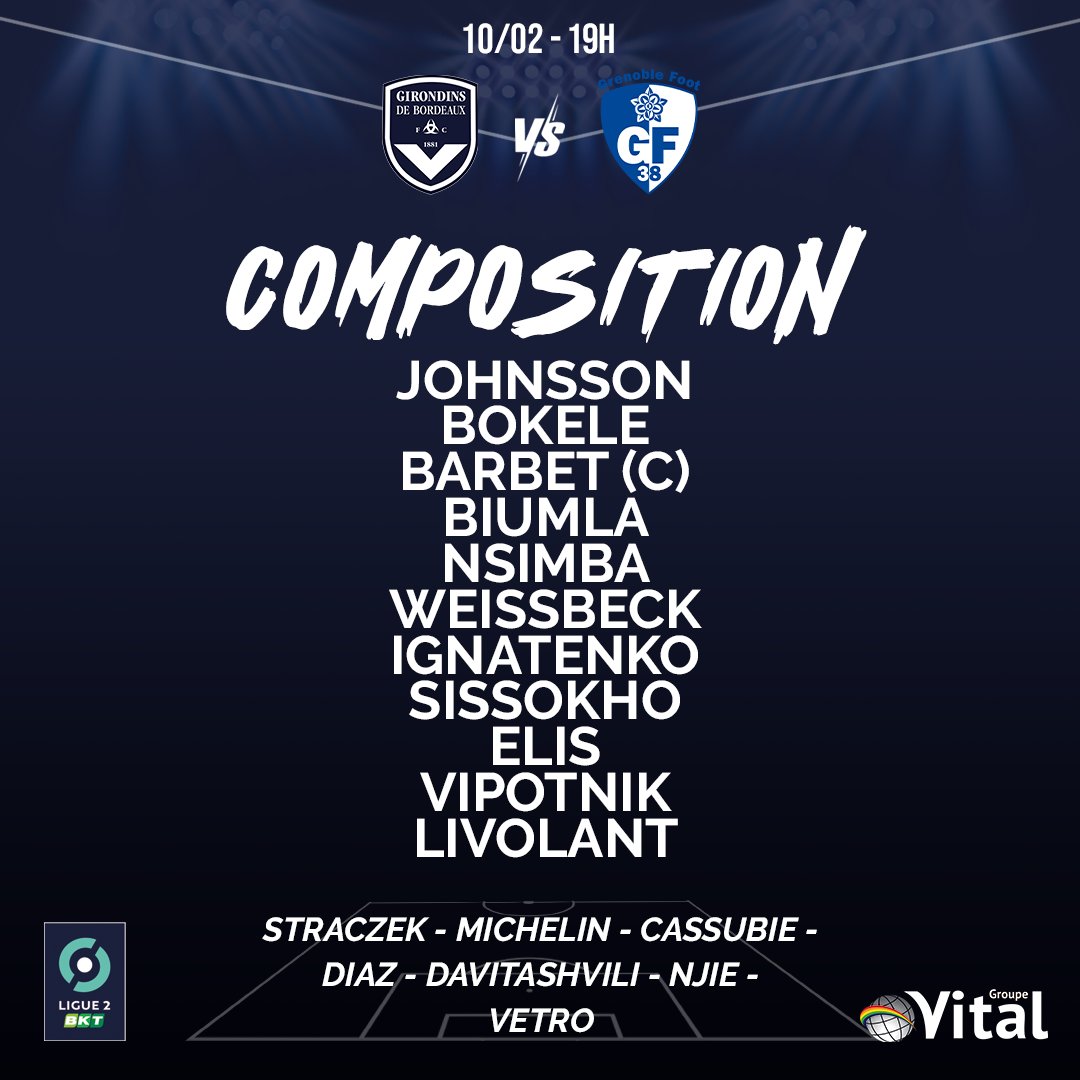 girondins's tweet photo. Voici le XI de départ ! 💙🤍

Coup d'envoi dans 1️⃣ heure ! #FCGBGF38