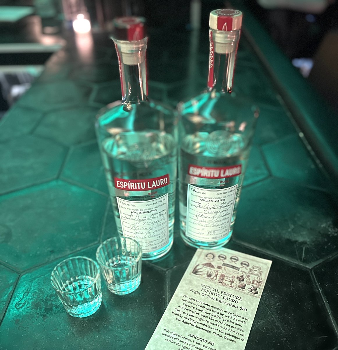 Smokin' deal on 2 mezcal expressions at BARCOA - wild-harvested Arroqueño &amp; Mexicano from Espíritu Lauro. Tahona crushed, wood fermented, single distilled in copper, all with agaves born by seed. A half-pour of each together is just 20 bucks. Get here before they're gone!