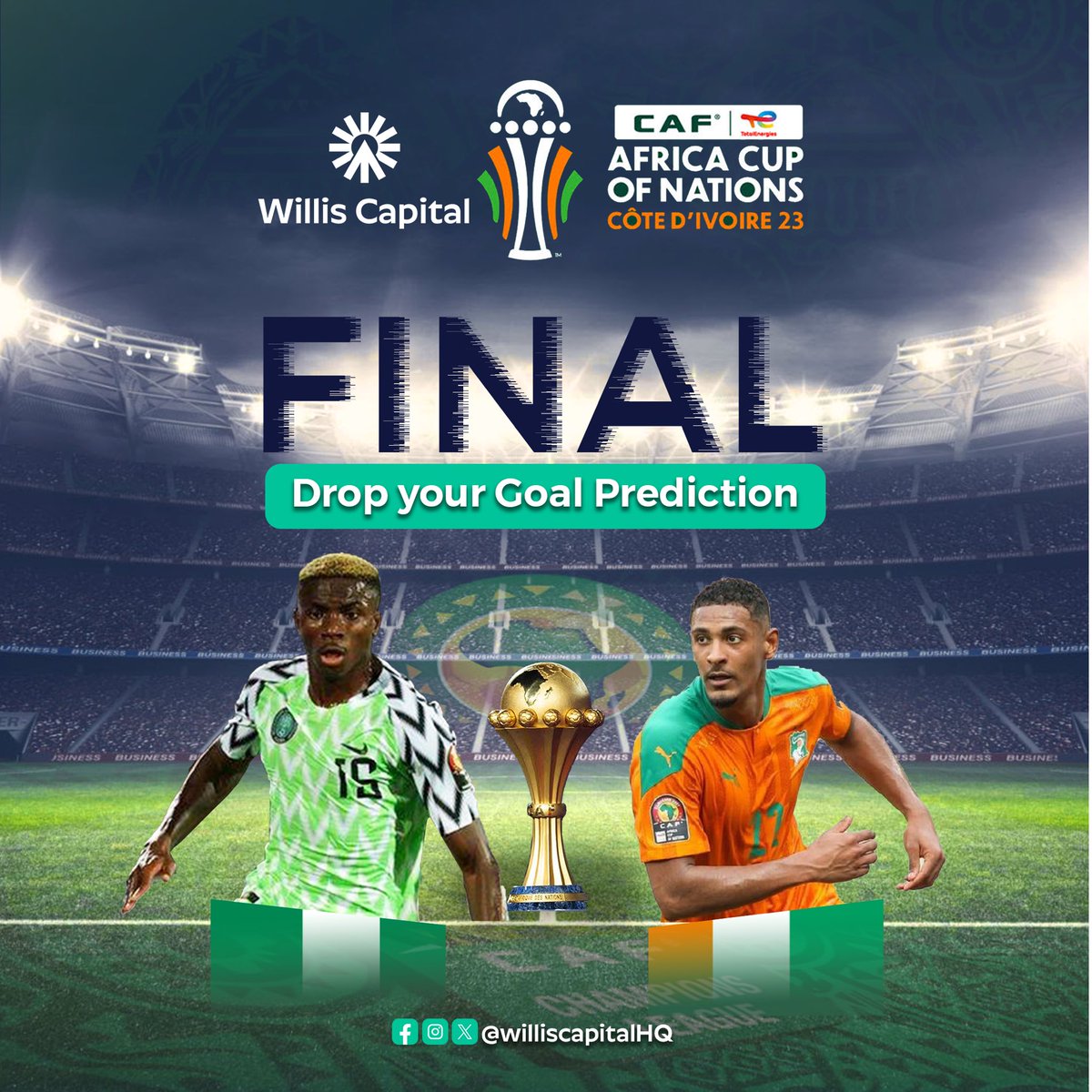 The AFCON trophy awaits, along with a FREE Willis Capital account!🏆

Predict the final score of Nigeria vs. Ivory Coast before kickoff for a chance to win!

Good luck! Comment below with your prediction and tell us who you're rooting for! 🇳🇬🇨🇮

#AFCON2024  #NGACIV #IvoryCoast