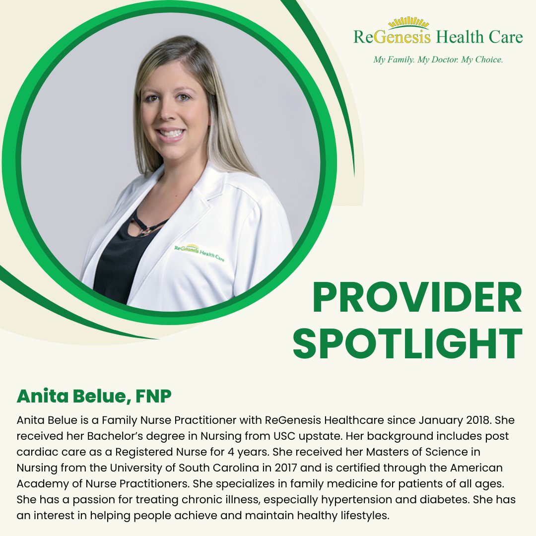 🌟Provider Spotlight🌟
Anita Belue, FNP

Anita Belue, FNP joined ReGenesis Health Care as a Family Nurse Practitioner in January 2018 and provides patient care at our Woodruff Health Center.

#ReGenesisHealthCare #ProviderSpotlight #PrimaryCareProvider #MeetYourProvider