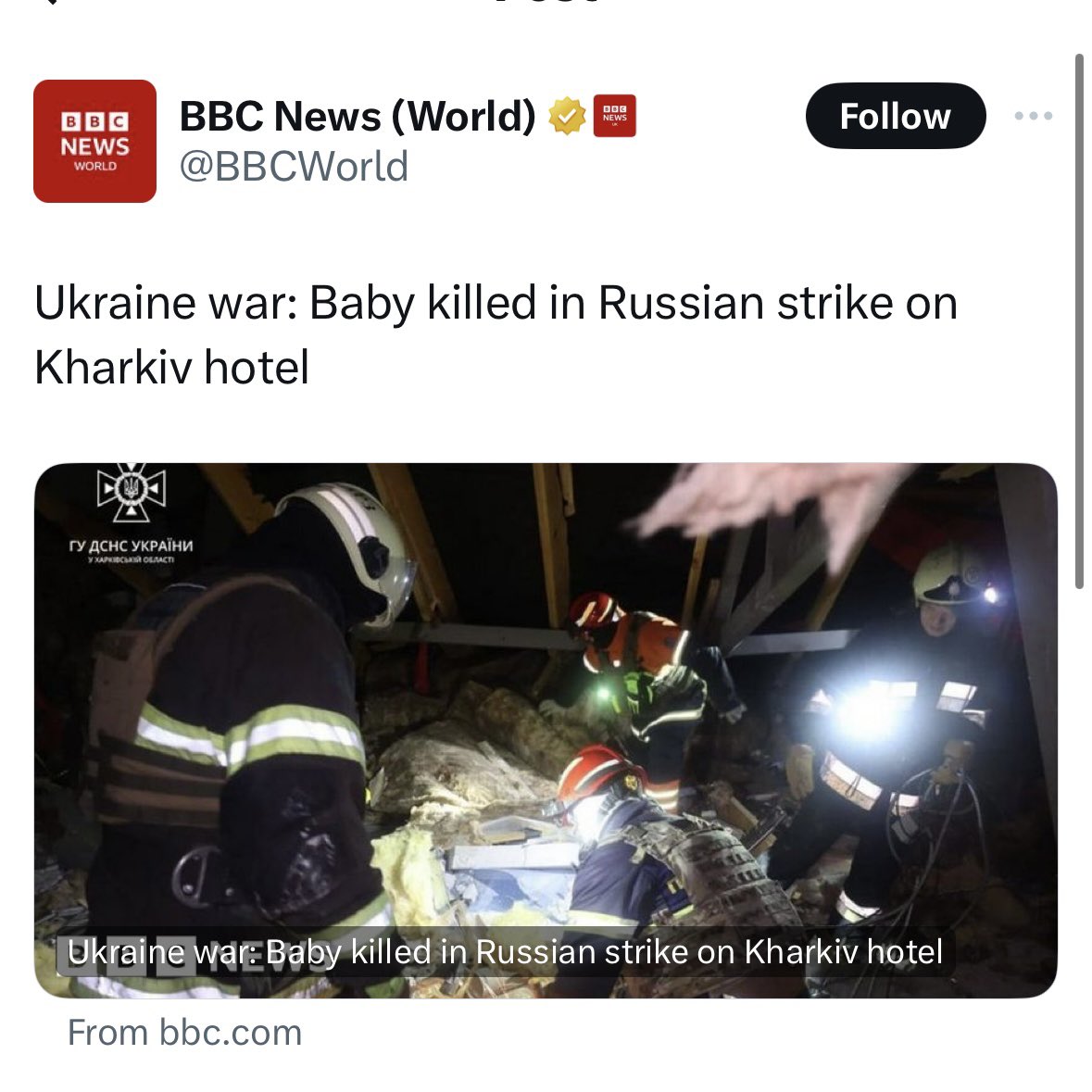owenjonesjourno's tweet image. “Found dead”.

When a Ukrainian baby was killed by a Russian strike, the BBC had no trouble attributing blame in its headline.

These aren’t even subtle double standards.