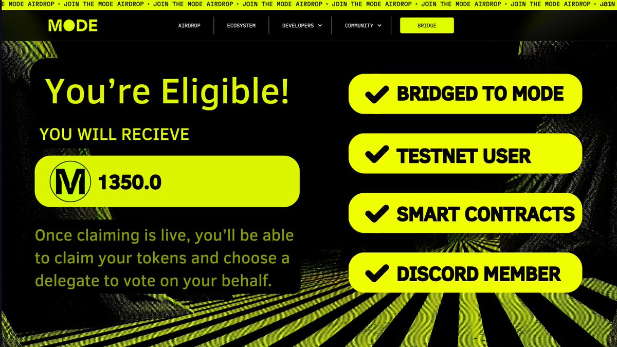 How to position for Mode Network AIRDROP!

 Mode Network is an ETH Modular L2, They got a $2M grant from Optimism and also building along side @optimism. 

 Steps to follow

 ~ Use this link for early access: modenetwork.io
 ~ Enter code: ebGS24
 ~Connect your wallet